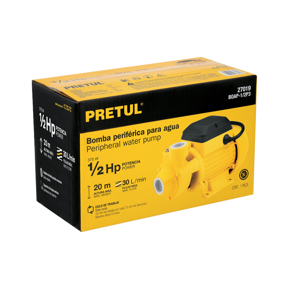 Bomba periférica 1/2 HP, altura máx. 20 m, uso agrícola, PRETUL