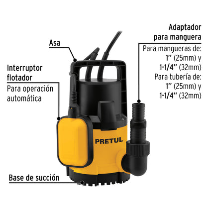 Bomba sumergible plástica 1/2 HP para agua limpia, PRETUL