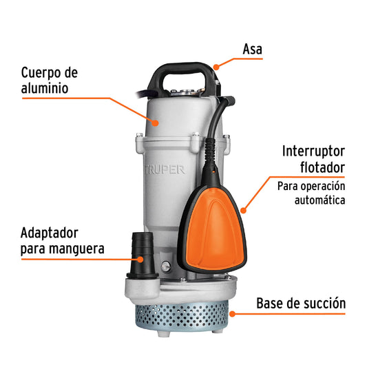 Bomba sumergible cubierta de aluminio, agua limpia, 1/2 HP