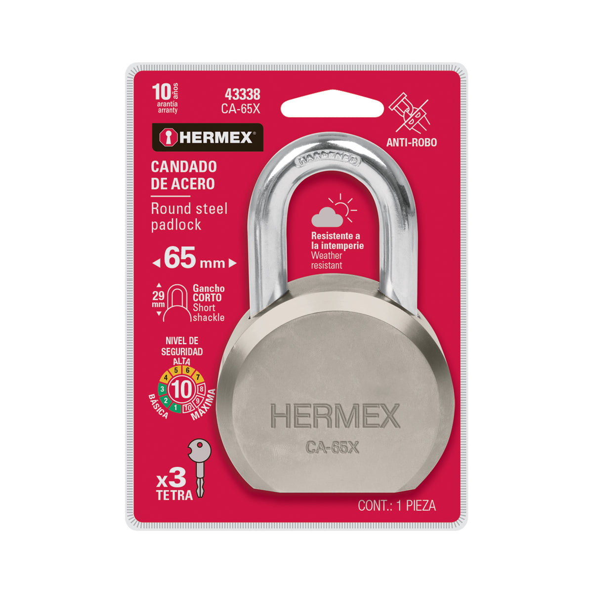 Candado redondo de acero, 65 mm, gancho corto, llave tetra, HERMEX