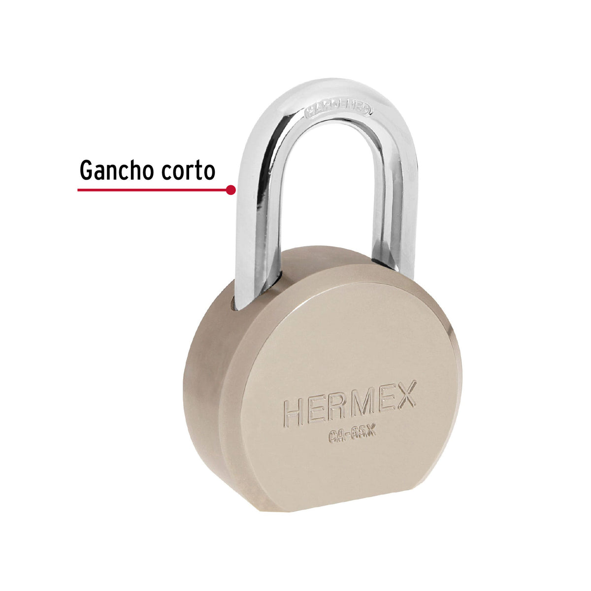 Candado redondo de acero, 65 mm, gancho corto, llave tetra, HERMEX