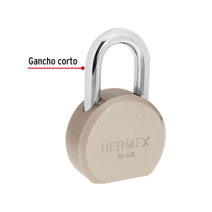Candado redondo de acero, 65 mm, gancho corto, llave tetra, HERMEX
