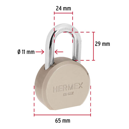 Candado redondo de acero, 65 mm, gancho corto, llave tetra, HERMEX