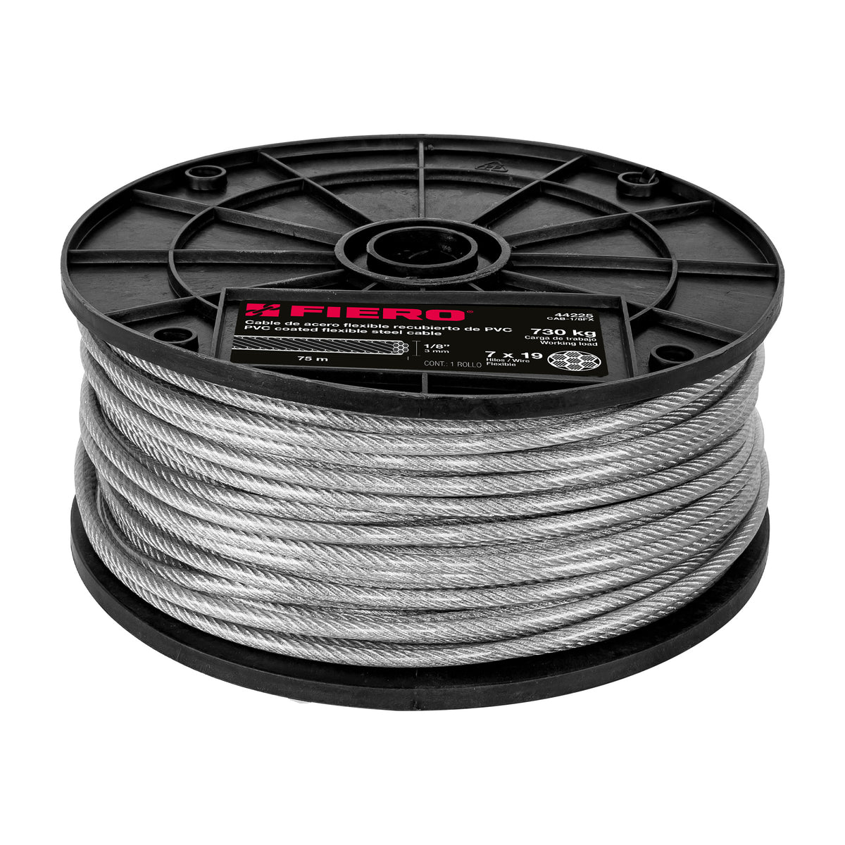 Metro cable flexible 1/8” acero 7x19 recubierto PVC, 75 m, FIERO