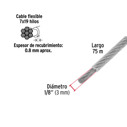 Metro cable flexible 1/8” acero 7x19 recubierto PVC, 75 m, FIERO