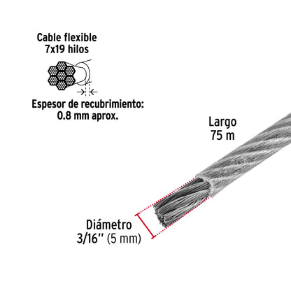Metro cable flexible 3/16” acero 7x19 recubierto PVC, 75 m, FIERO