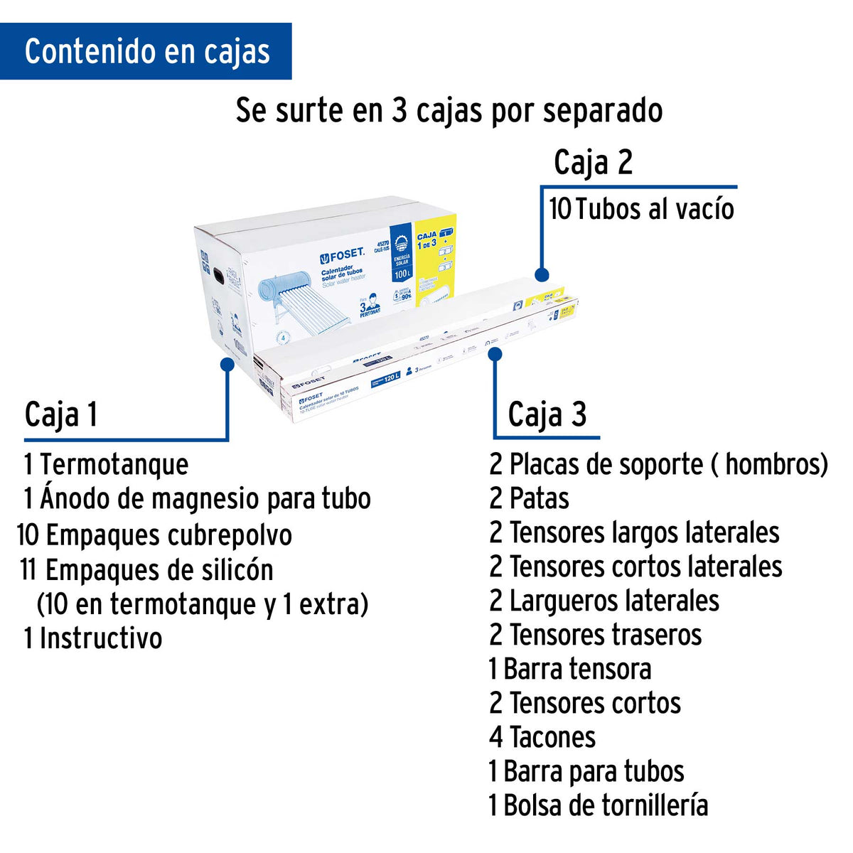 Calentador solar de agua, 10 tubos, FOSET