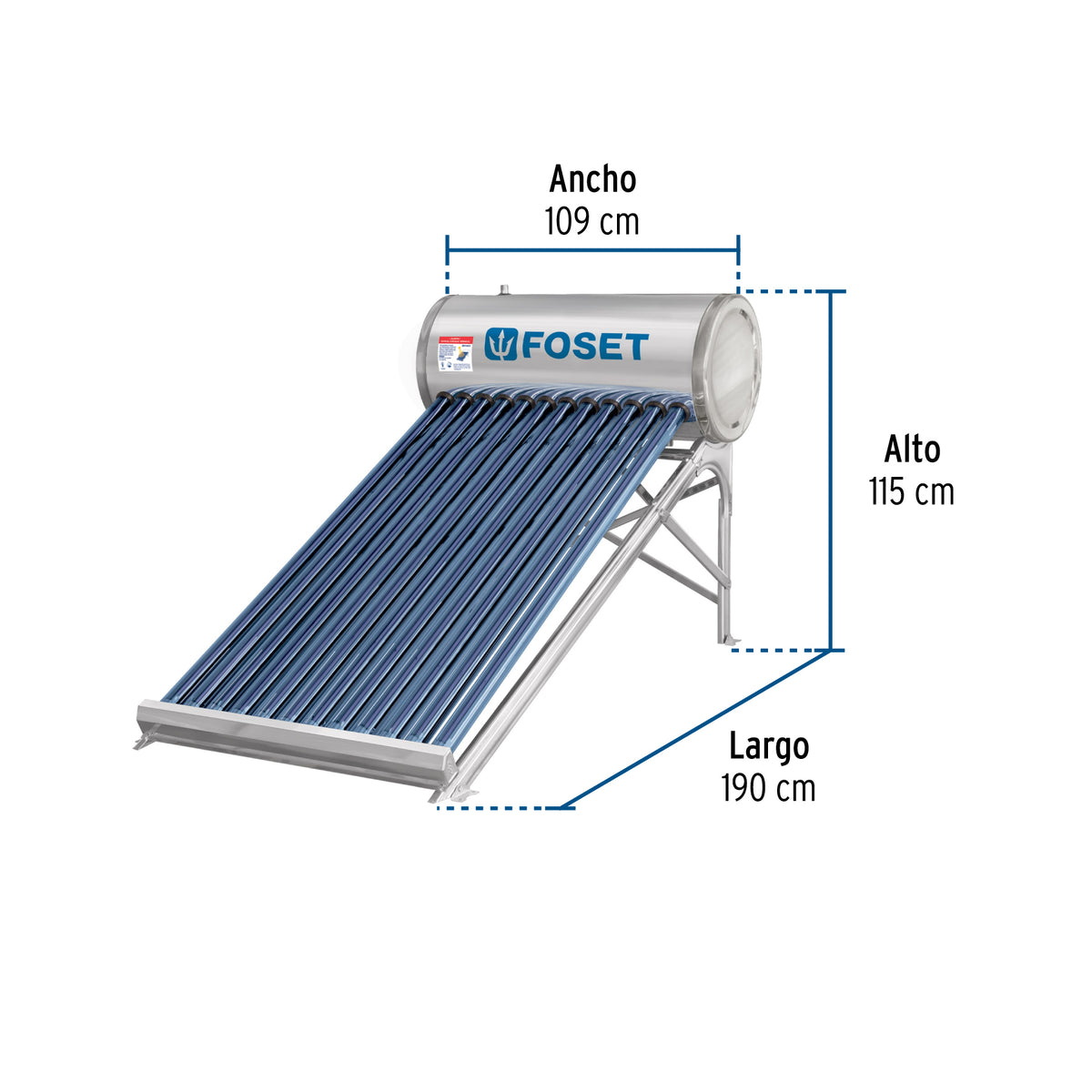 Calentador solar de agua, 12 tubos, 150 L, 4 personas, FOSET