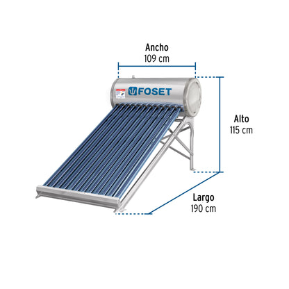 Calentador solar de agua, 12 tubos, 150 L, 4 personas, FOSET