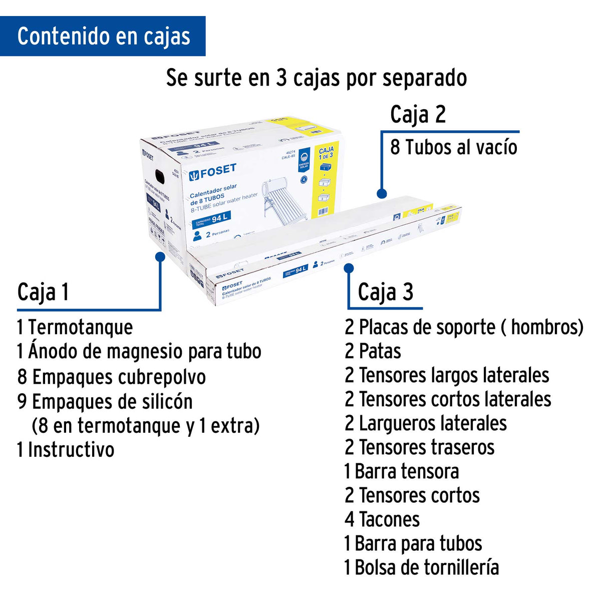 Calentador solar de agua, 8 tubos, FOSET