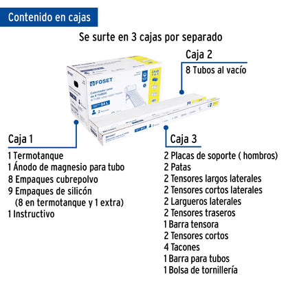 Calentador solar de agua, 8 tubos, FOSET