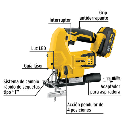 Sierra caladora 20 V, 1 batería 2 Ah, PRETUL