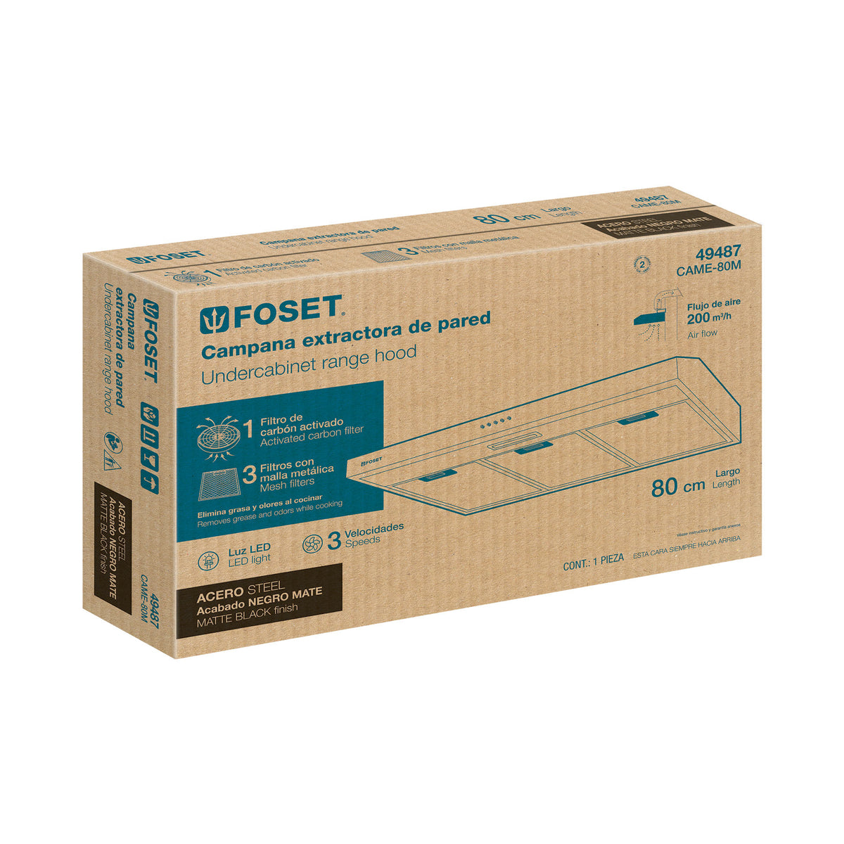 Campana extractora 80 cm, empotrable, acero inoxidable, FOSET