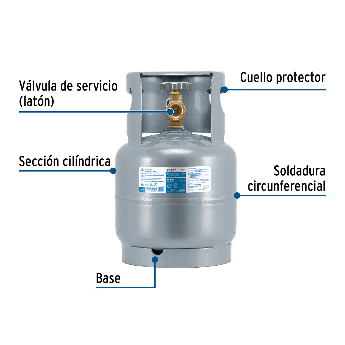 Cilindro portátil para gas LP, 2 kg, FOSET