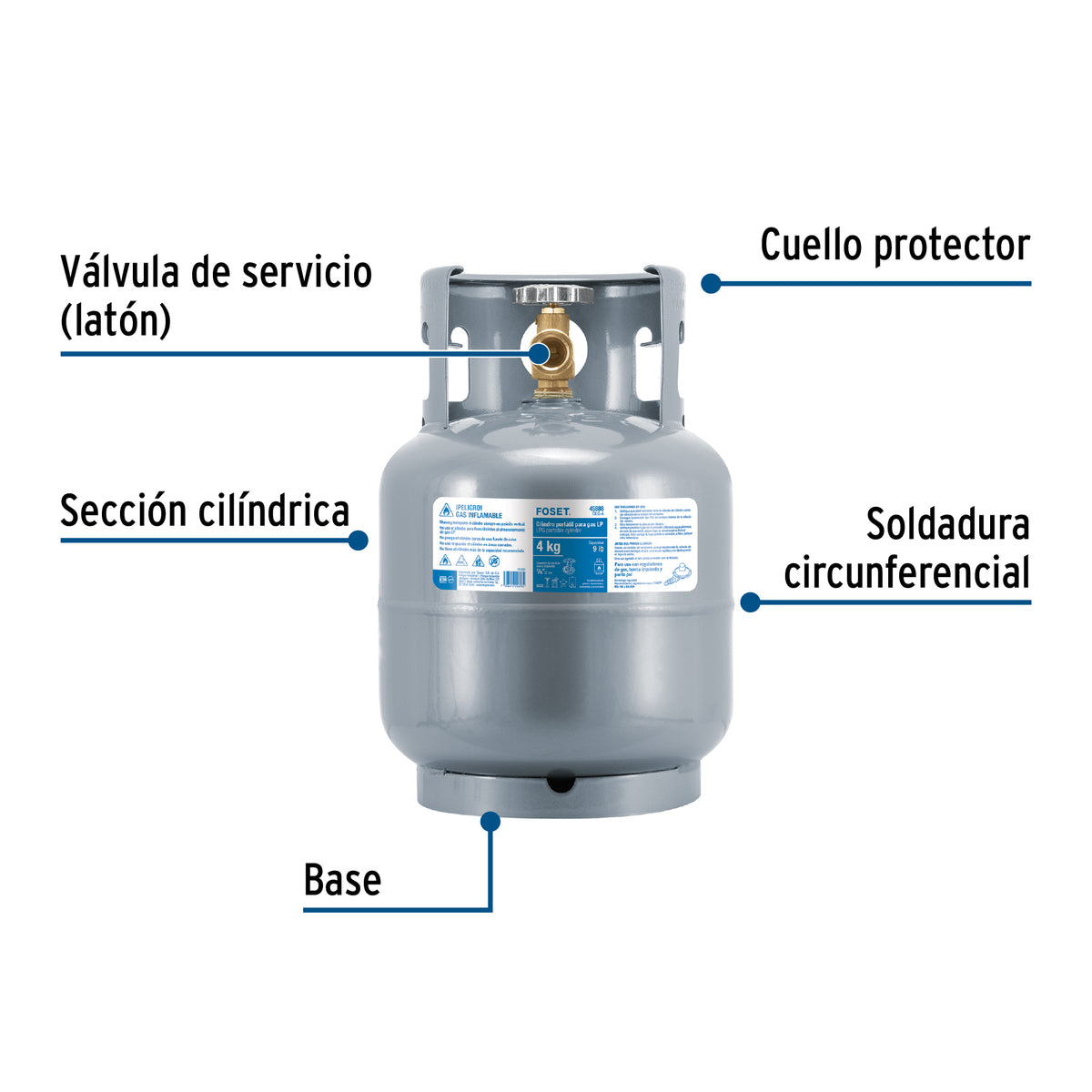 Cilindro portátil para gas LP, 4 kg, FOSET