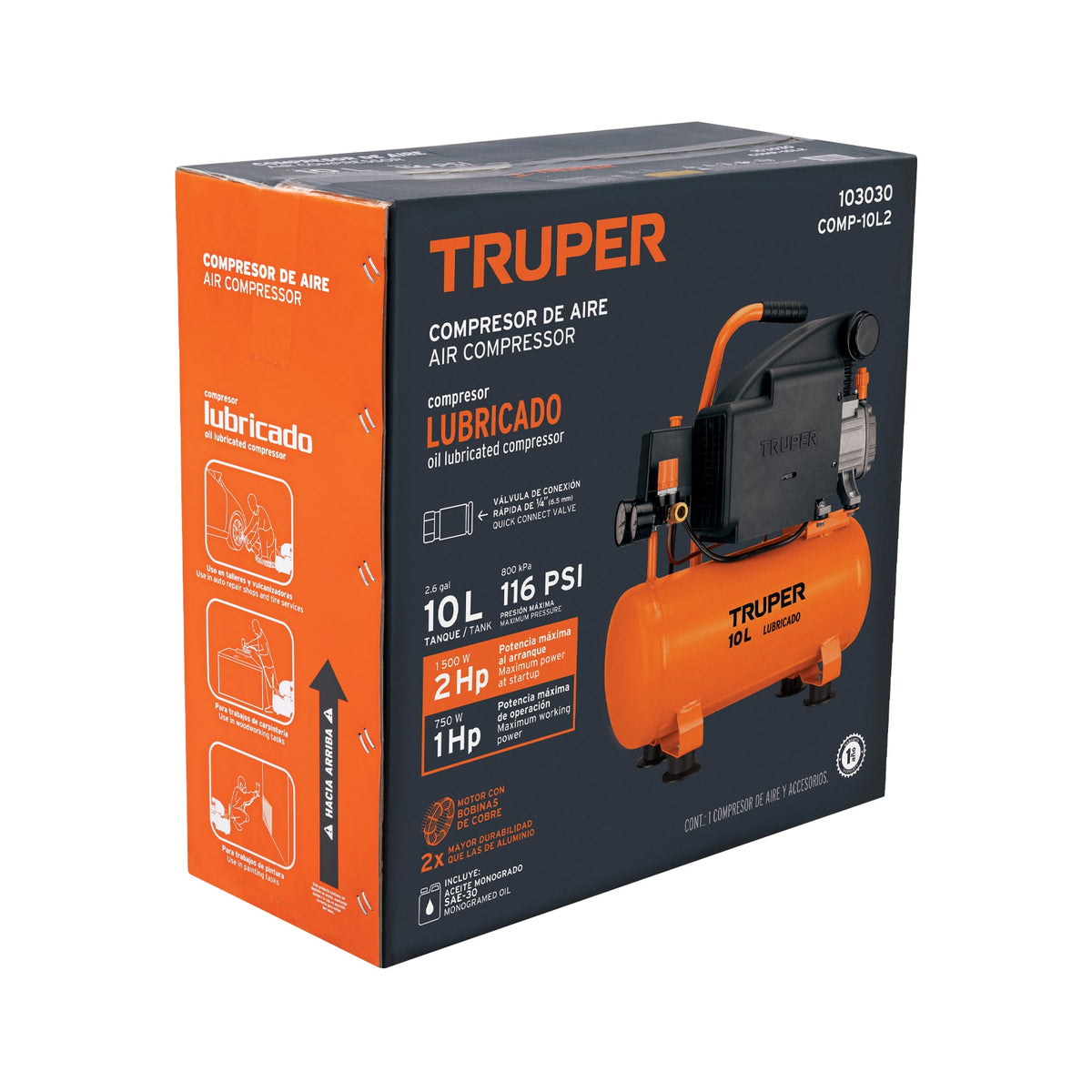 Compresor lubricado, 10 L, 2 HP, horizontal, 127 V