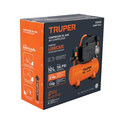 Compresor lubricado, 10 L, 2 HP, horizontal, 127 V