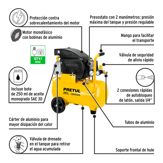 Compresor lubricado 20 L, 2-1/2 HP, horizontal, 127 V, PRETUL