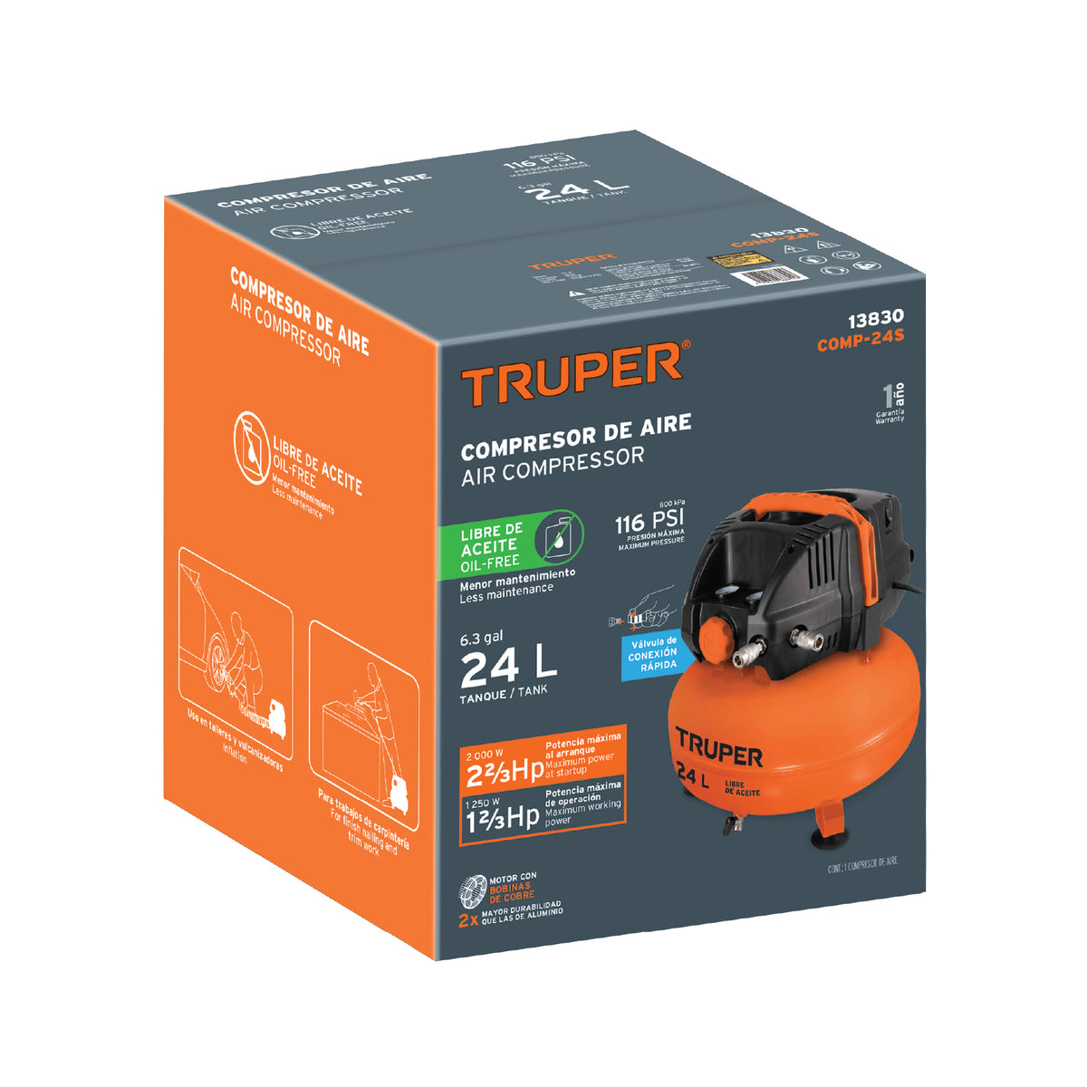 Compresor libre de aceite, 24 L, 2-2/3 HP, 127 V