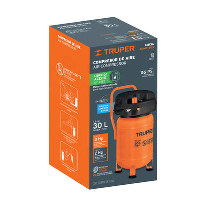 Compresor libre de aceite, 30 L, 3 HP, vertical, 127 V