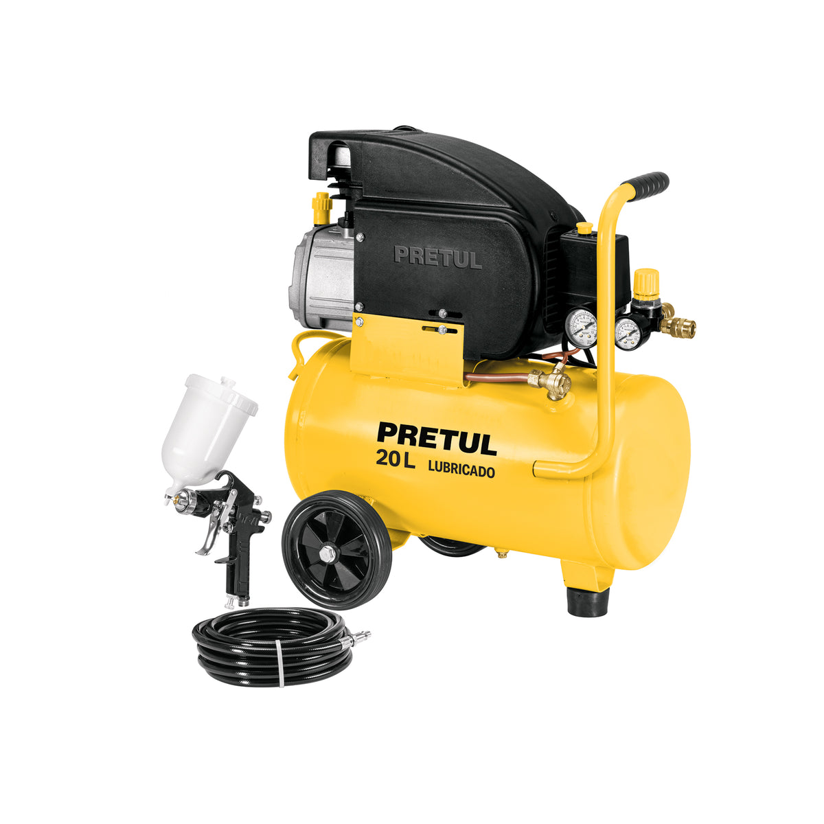 Kit compresor lubricado 20 L, manguera y pistola de gravedad, 127 V, PRETUL
