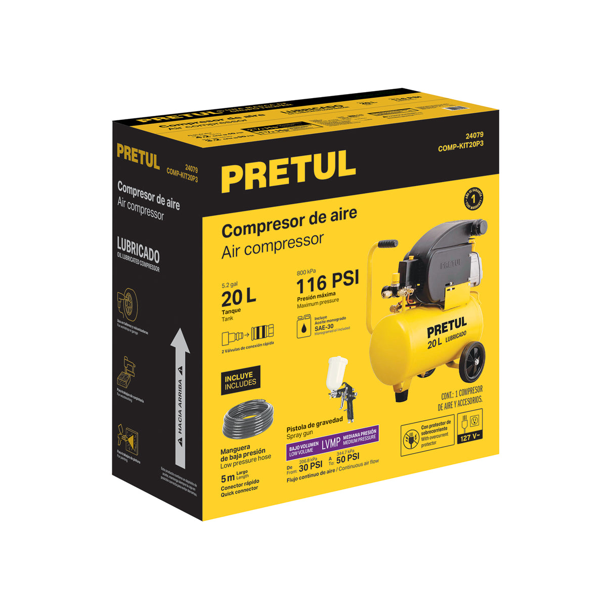 Kit compresor lubricado 20 L, manguera y pistola de gravedad, 127 V, PRETUL