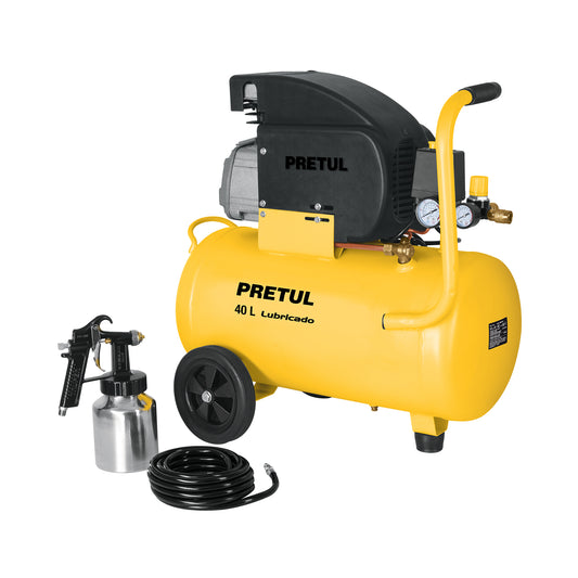 Kit compresor lubricado 40 L, manguera y pistola, 127 V, PRETUL