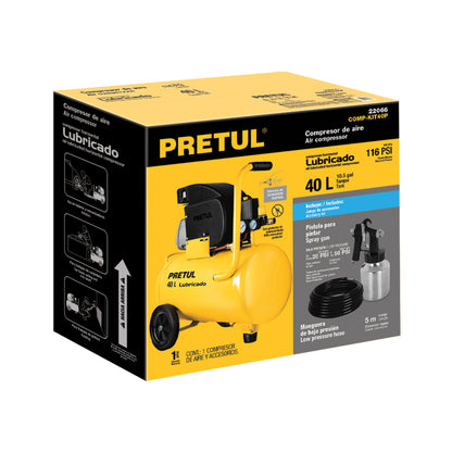 Kit compresor lubricado 40 L, manguera y pistola, 127 V, PRETUL