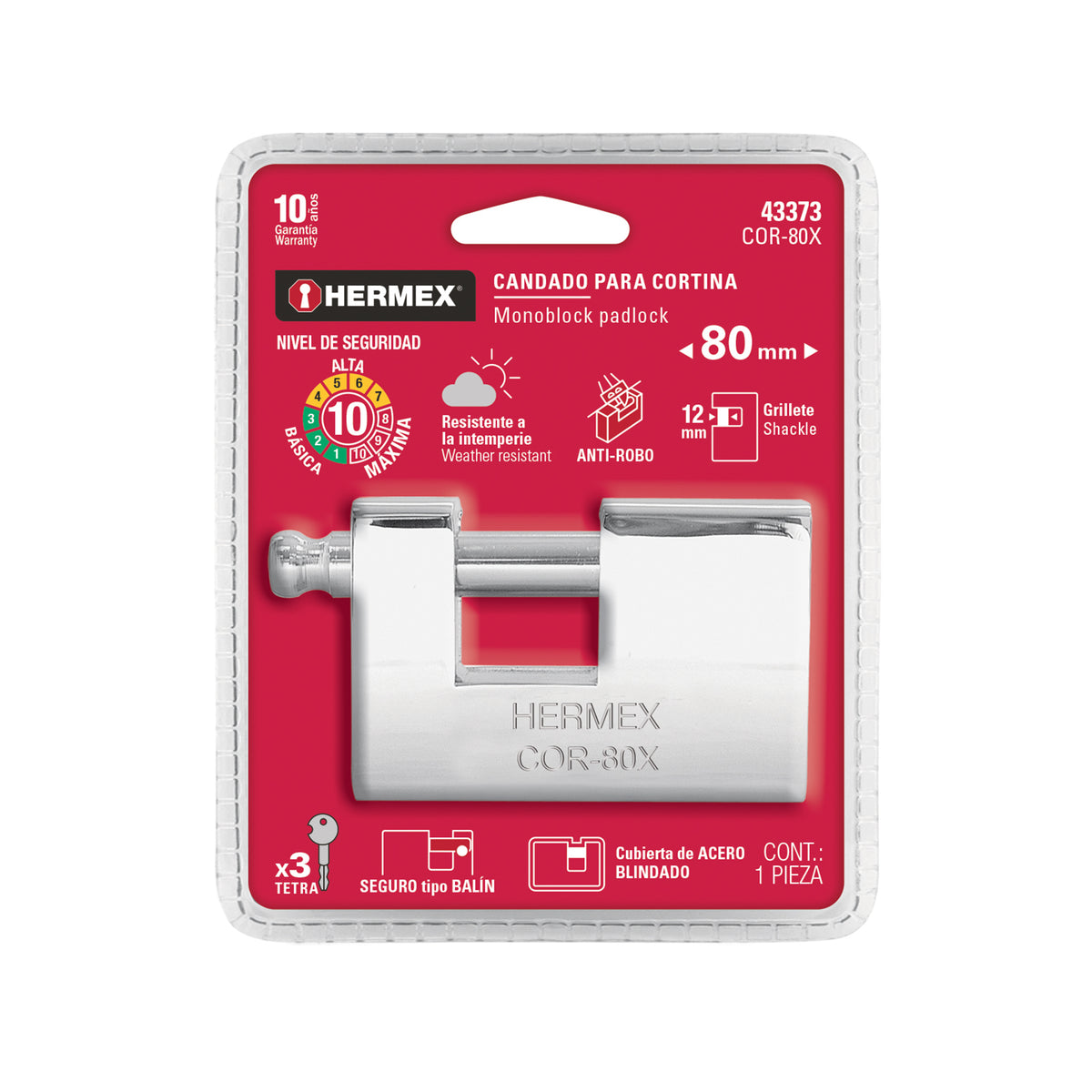 Candado antipalanca, 80 mm, blindado, llave tetra, HERMEX