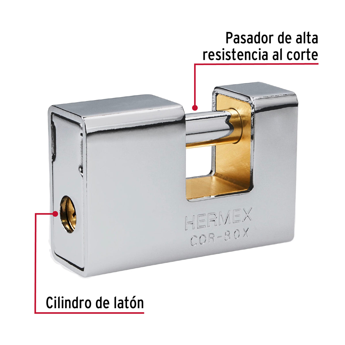 Candado antipalanca, 80 mm, blindado, llave tetra, HERMEX