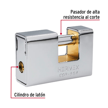 Candado antipalanca, 80 mm, blindado, llave tetra, HERMEX