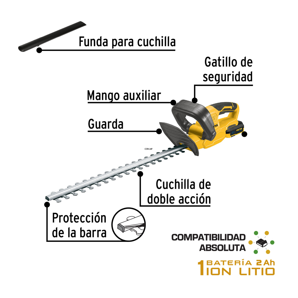 Cortasetos inalámbrico 20 V, 1 batería 2 Ah, 1 cargador, PRETUL