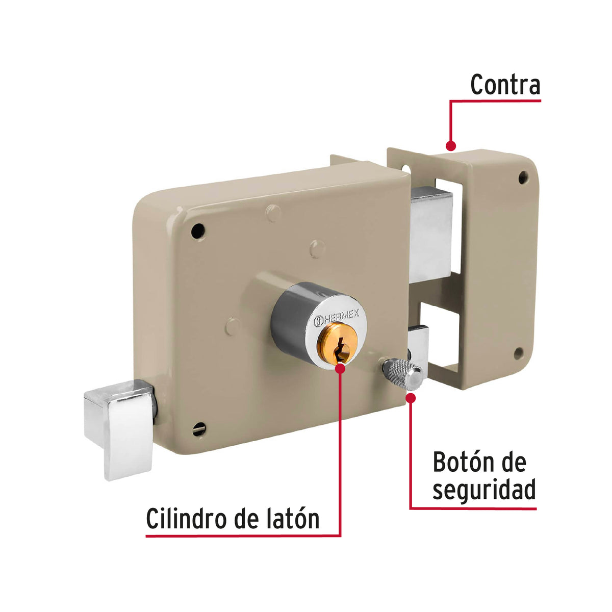 Cerradura de sobreponer derecha clásica, llave tradicional, caja, HERMEX
