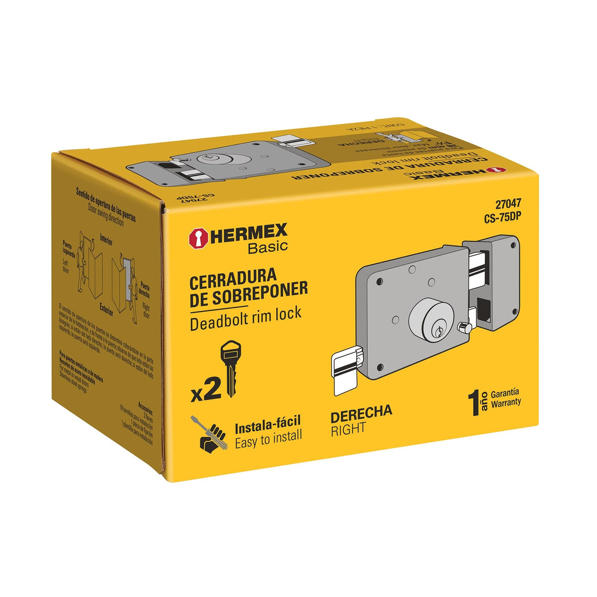 Cerradura de sobreponer derecha, instala-fácil, caja, HERMEX BASIC