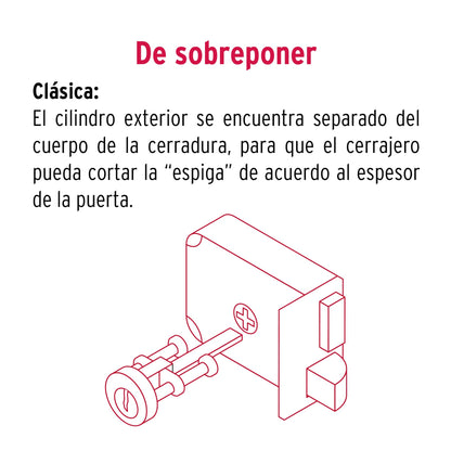 Cerradura de sobreponer derecha clásica, llave tetra, caja, HERMEX