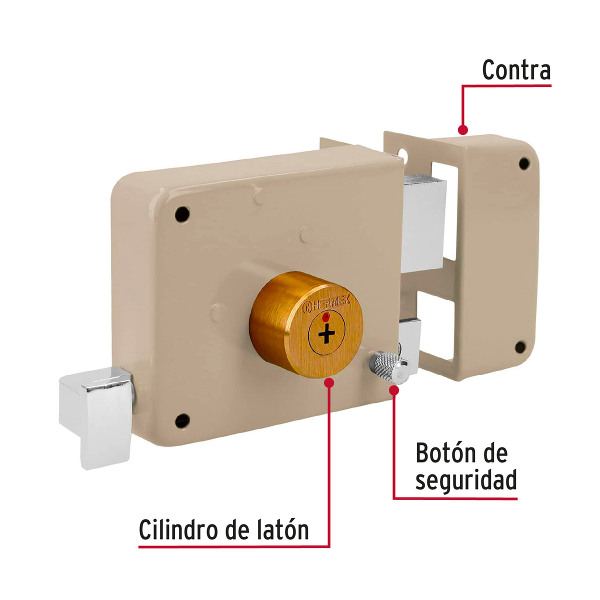 Cerradura de sobreponer derecha clásica, llave tetra, caja, HERMEX