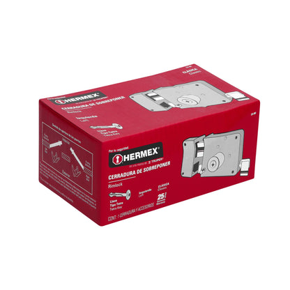 Cerradura de sobreponer izquierda clásica, llave tetra, caja, HERMEX
