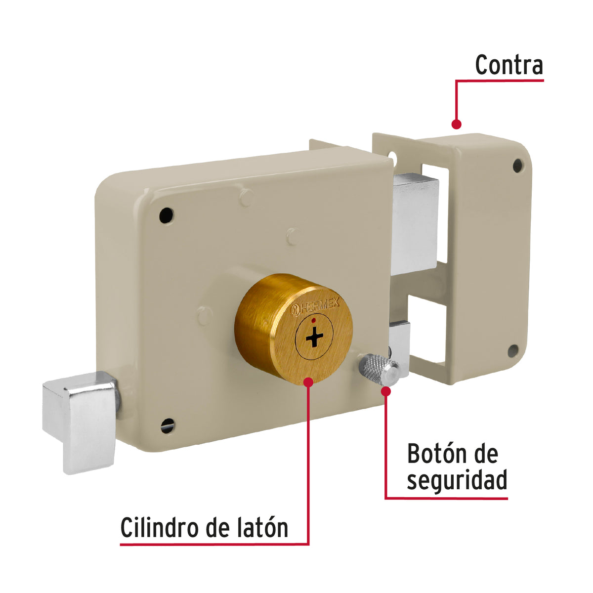 Cerradura de sobreponer derecha, instala-fácil, llave tetra, caja, HERMEX