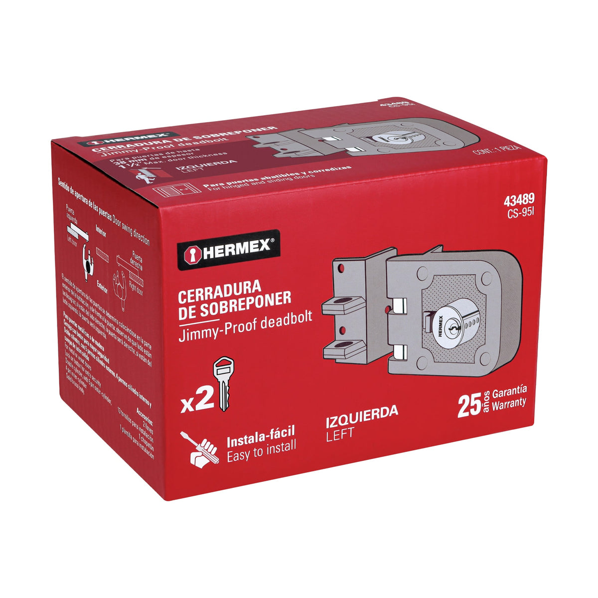 Cerradura de sobreponer para puerta corrediza, instala-fácil, izquierda, HERMEX