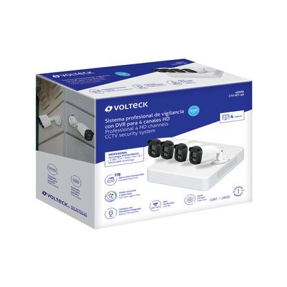 Kit de videovigilancia, 4 canales, 4 cámaras, 5 MP, disco 1 TB, Volteck