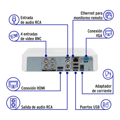 Kit de videovigilancia, 4 canales, 4 cámaras, 5 MP, disco 1 TB, Volteck