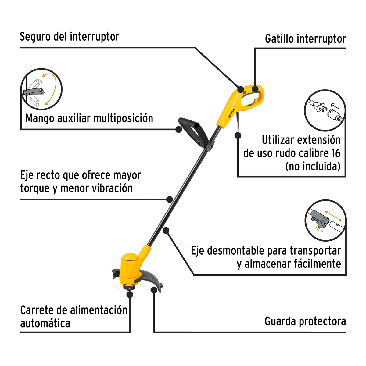 Desbrozadora eléctrica 300 W, mango “D”, 9” de corte, PRETUL