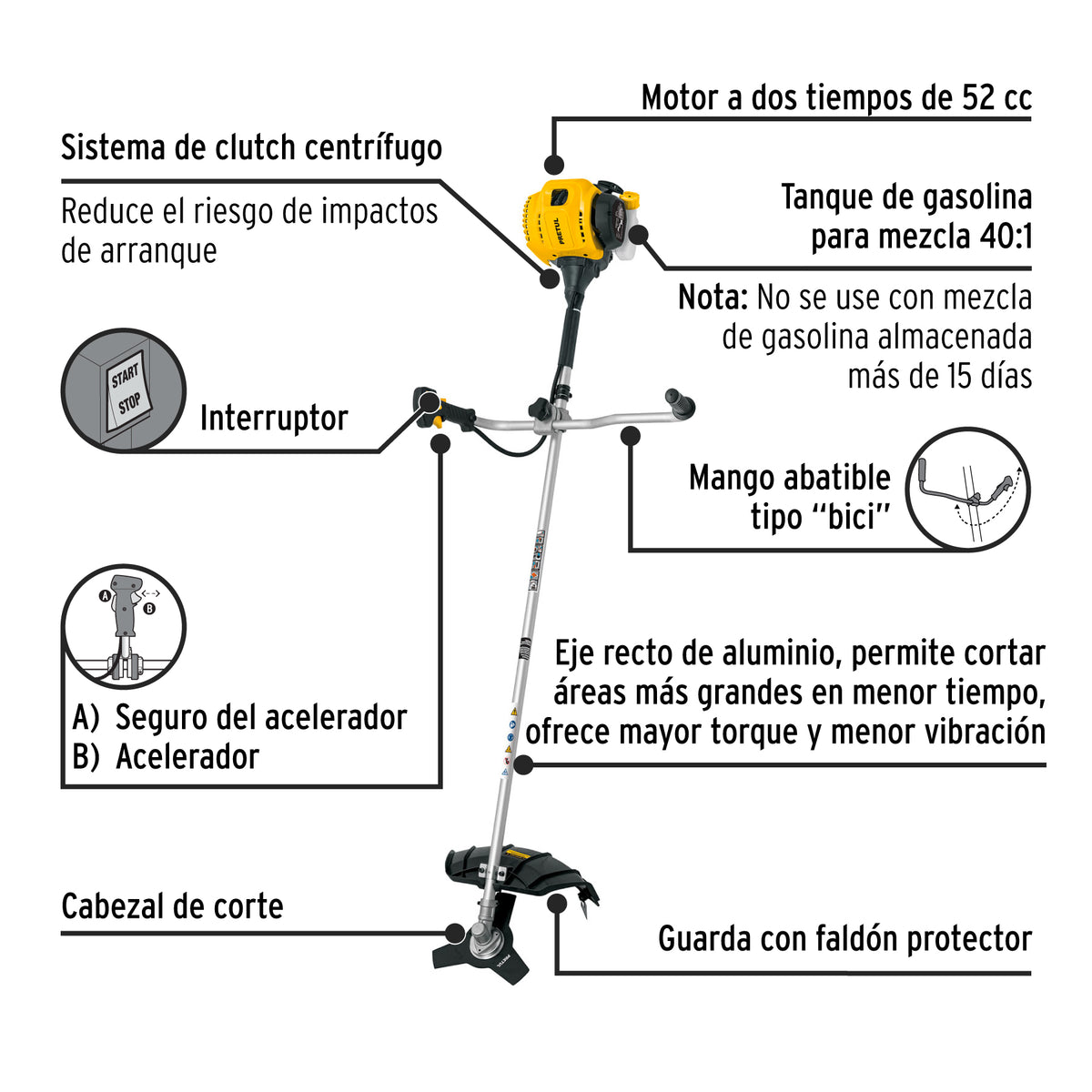 Desmalezadora a gasolina 52 cc, mango tipo bici, PRETUL