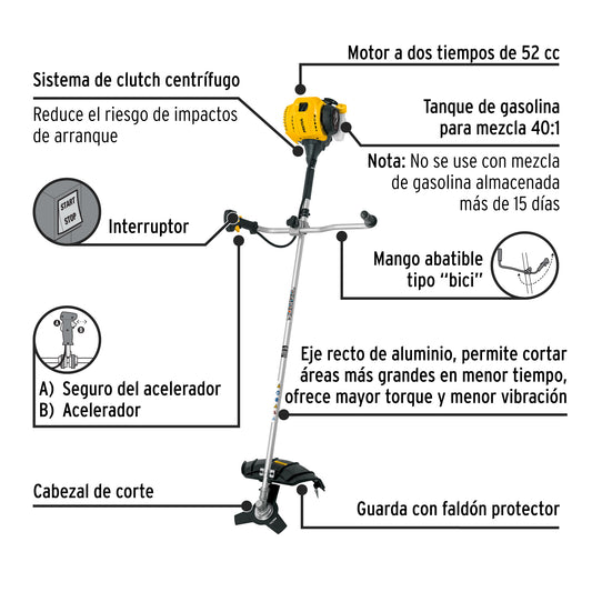 Desmalezadora a gasolina 52 cc, mango tipo bici, PRETUL