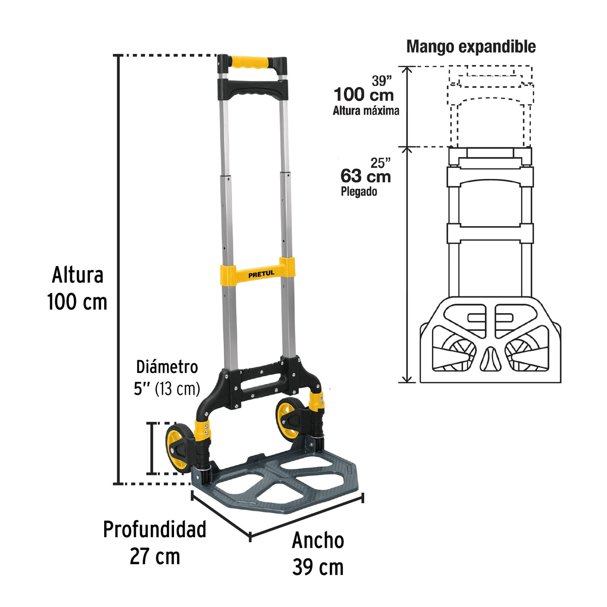 Diablo de carga plegable de aluminio y base de acero, 100 kg