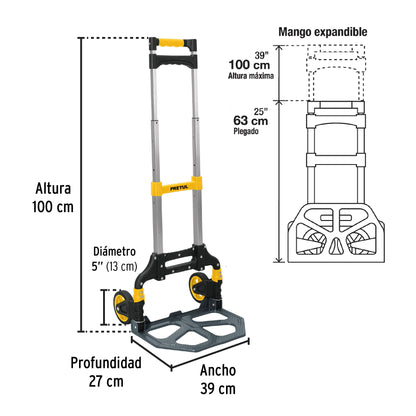 Diablo de carga plegable de aluminio y base de acero, 100 kg