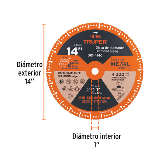 Disco de diamante 14” x 4 mm para corte de metal
