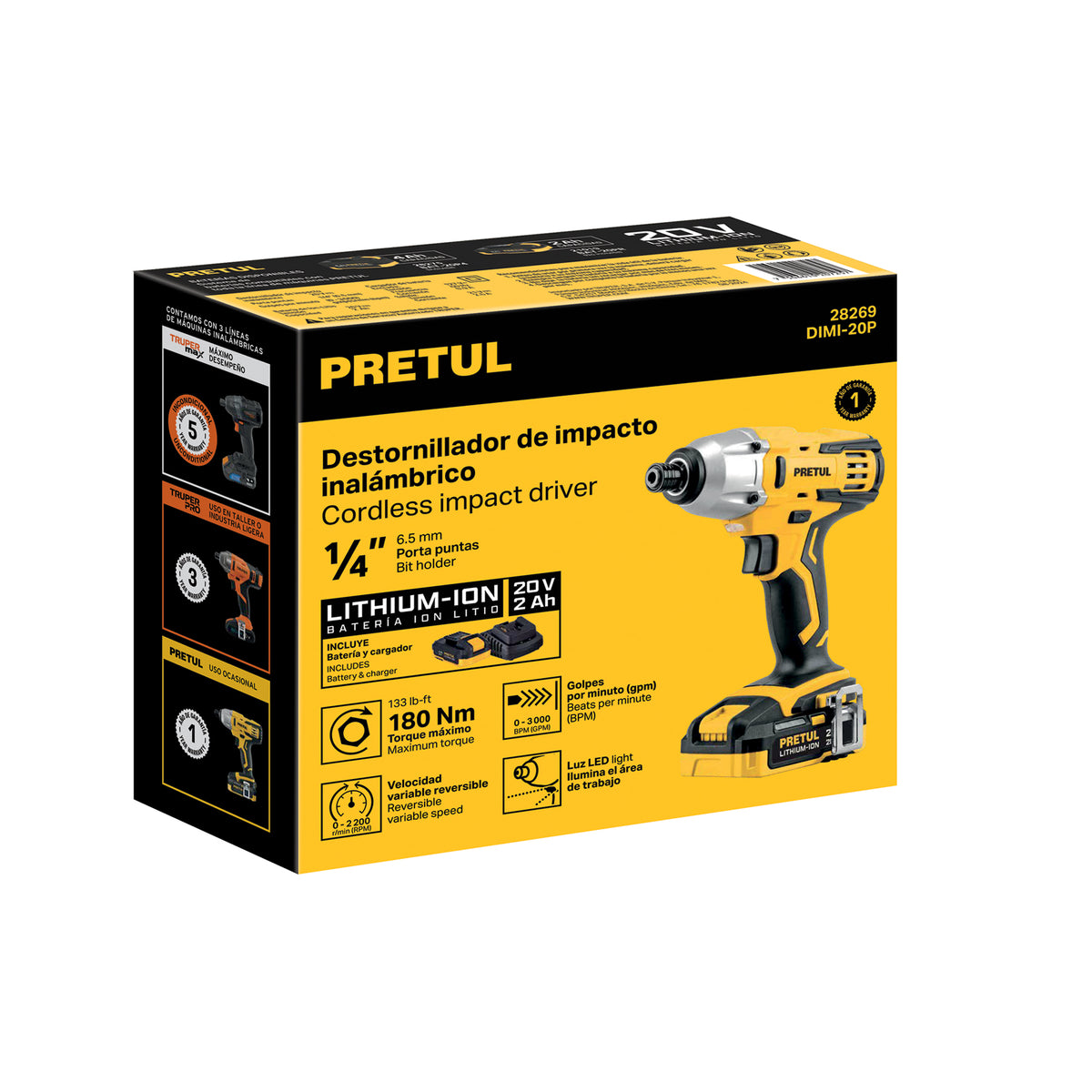 Destornillador de impacto 1/4”, 20 V, 1 batería 2 Ah, PRETUL