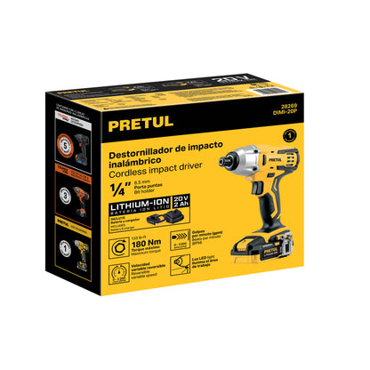 Destornillador de impacto 1/4”, 20 V, 1 batería 2 Ah, PRETUL