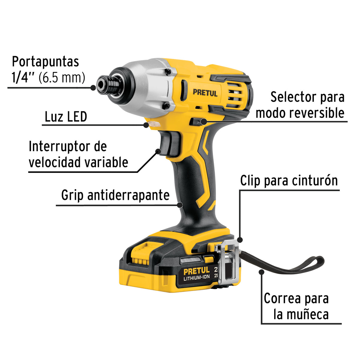 Destornillador de impacto 1/4”, 20 V, 1 batería 2 Ah, PRETUL